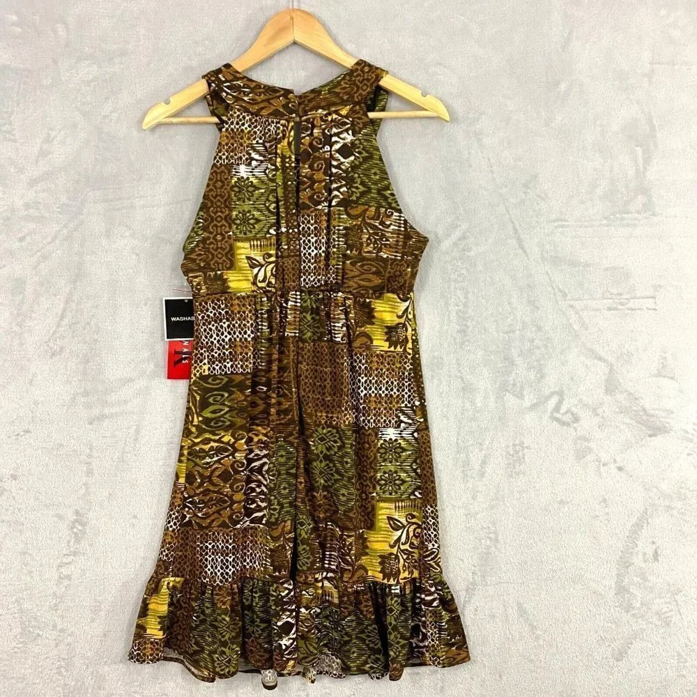 R&K Originals Beaded Tribal Halter Dress Womens 6 Brown Tropical Floral‎ NWT NEW